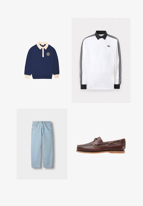 Biele polo s dlhým rukávom s čiernym golierom, čiernymi manžetami, čiernym dizajnom troch pruhov na rukávoch a čiernym logom Adidas na hrudi.; Dlhý rukáv, námornícky modrý polo tričko s béžovým golierom a manžetami, s okrúhlym emblémom s textom na ľavej hrudi.; Svetlomodré džíny s rovnými nohavicami, prednými vreckami, pútkami na opasok a zapínaním na gombík na šedom pozadí.; Hnedá kožená lodná topánka s bielym prešívaním, detailmi na šnúrky a svetlohnedou gumovou podrážkou, zobrazená z boku na bielom pozadí.