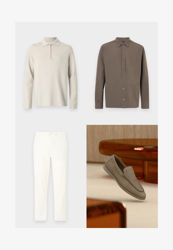 Polo à manches longues de couleur crème avec une fermeture éclair au col, fabriqué en tissu doux et texturé, avec une coupe classique et un design minimaliste.; Chemise marron à manches longues avec un col pointu, une fermeture à boutons-pression et un design minimaliste. Le tissu semble lisse avec une finition mate.; Pantalons en lin légers et blancs avec une taille à cordon de serrage. Conception à jambes droites, texture minimale et sans motifs ou détails matériels visibles.; Mocassin beige en daim à enfiler avec coutures visibles et semelle claire, positionné au-dessus d'un tapis crème, avec un meuble translucide orange en arrière-plan.
