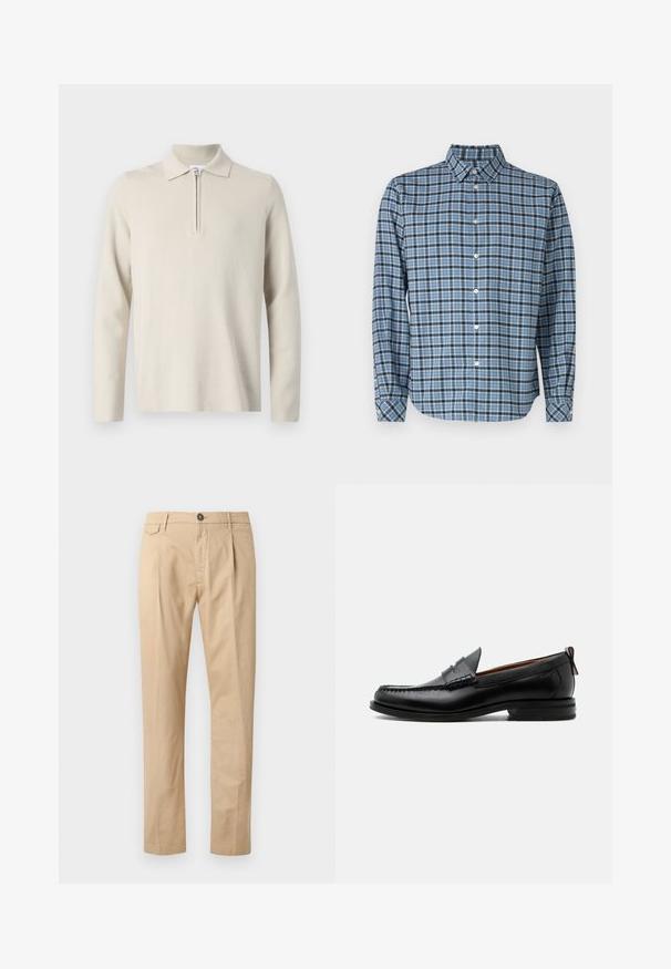 Polo à manches longues de couleur crème avec une fermeture éclair au col, fabriqué en tissu doux et texturé, avec une coupe classique et un design minimaliste.; Chemise boutonnée en coton tissé, motif tartan bleu et noir, à manches longues, avec col, boutons blancs et poignets ajustables.; Pantalons en coton beige à jambe droite pour homme, avec poches avant, passants de ceinture, fermeture à bouton et zip, sur fond blanc.; Mocassin homme en cuir noir avec couture moc toe, bride penny, col texturé et petit talon empilé sur fond blanc.