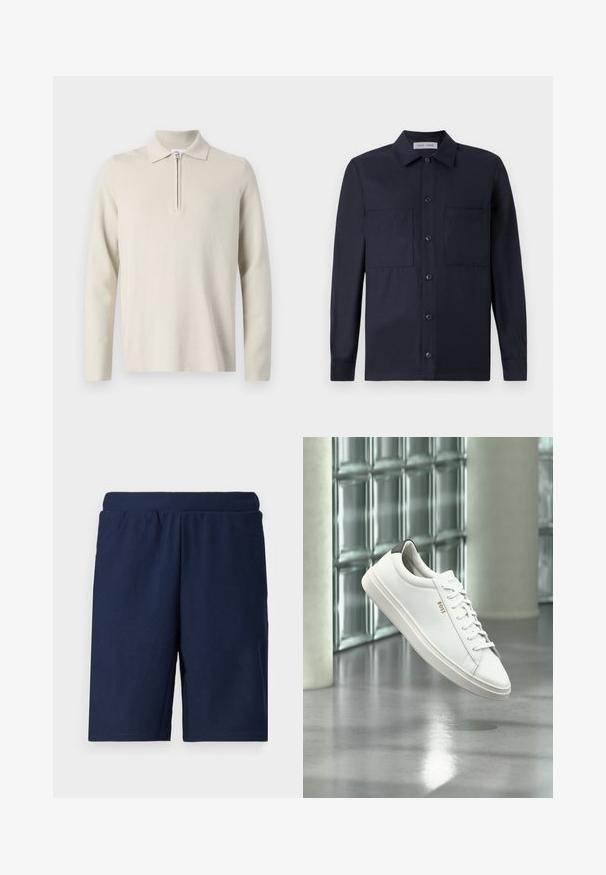 Cremefarvet langærmet polo skjorte med lynlås i kraven, lavet af blødt, struktureret stof, med en klassisk pasform og minimalistisk design.; Samsøe Samsøe TAKA JO OVERSHIRT - Skjorter - dark blue; Marineblå sportsbukser med ribbet tekstur, elastisk talje og lige snit, designet til komfort og bevægelsesfrihed.; Hvid læder lav-top sneaker med snørebånd, sort hælflig og "BOSS"-logo, svævende indendørs nær glasblok væg og poleret gulv.