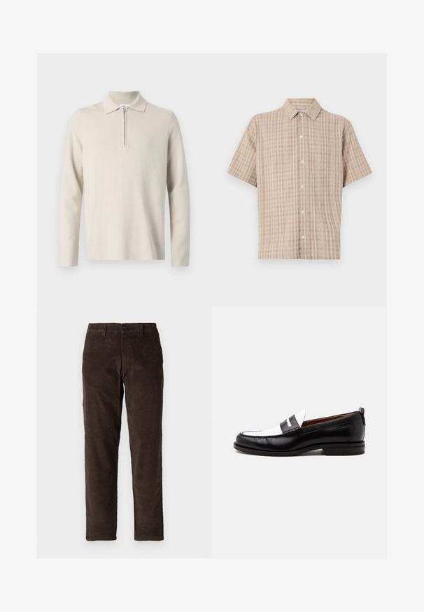 Cremfarbener Langarm-Polohemd mit Reißverschluss am Kragen, aus weichem, strukturiertem Stoff, mit klassischer Passform und minimalistischem Design.; Kurzärmliges, kragenloses Hemd in Beige mit einem karierten Muster. Hergestellt aus einem strukturierten Stoff, mit einer durchgehenden Knopfleiste und einer lockeren Passform.; Braune Cordhosen mit geradem Schnitt, ausgestattet mit einem Frontknopfverschluss und standardmäßigen Gürtelschlaufen. Glatte Textur und klassischer Schnitt.; Schwarz-weißer Lederloafer mit genähten Details, niedrigem Absatz und einem Slip-On-Design, seitlich auf neutralem Hintergrund gezeigt.