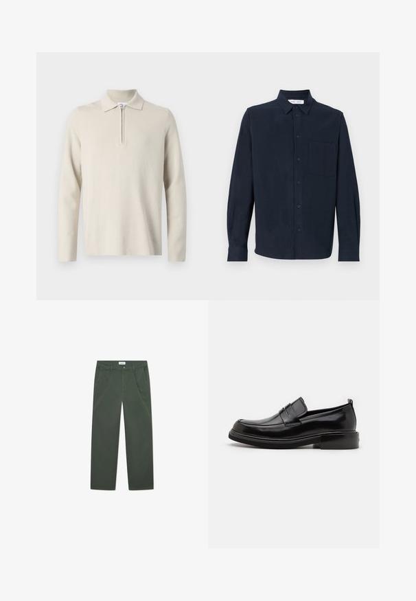 Crème-kleurige longsleeve poloshirt met een rits bij de kraag, gemaakt van zachte, gestructureerde stof, met een klassieke pasvorm en een minimaal ontwerp.; Navyblauwe shirt met lange mouwen van zachte stof, met een knoopsluiting aan de voorkant, een puntige kraag en een enkele borstzak.; Donkergroene katoenen broek met een rechte pijpdesign, voorzakken en een knoopsluiting bij de taille. Glad oppervlak, geen patronen.; Calvin Klein MOCCASIN - Zakelijke loafers - black