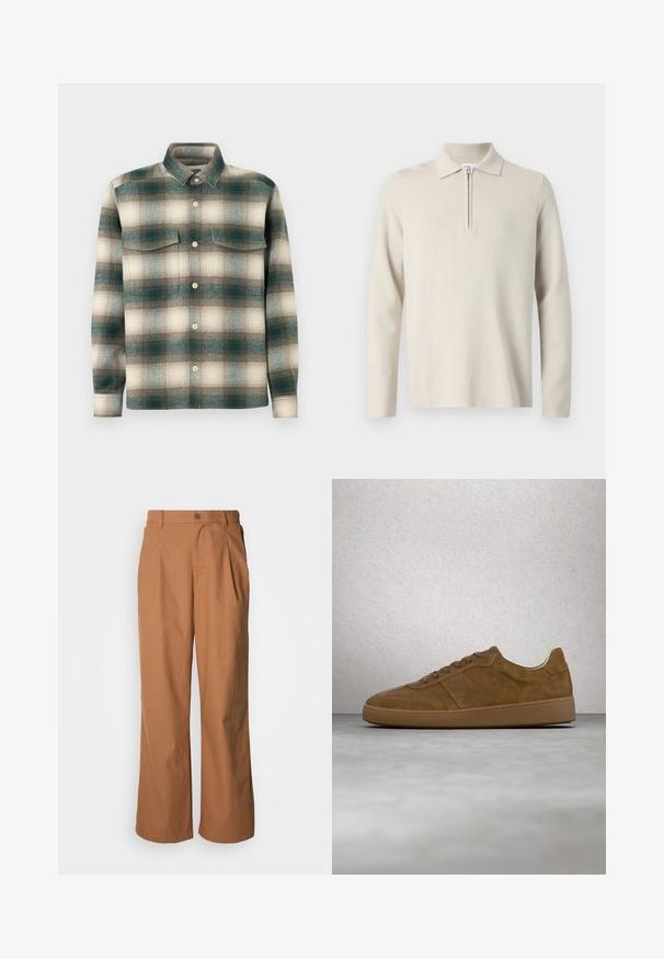Cremefarvet langærmet polo skjorte med lynlås i kraven, lavet af blødt, struktureret stof, med en klassisk pasform og minimalistisk design.; Rutig skjorte i nuancer af grøn, beige og brun. Fremstillet af tekstureret stof med knaplukning foran og to brystlommer.; Bukser med vide ben i et varmt brunt stof, med frontknaplukning, diskrete folder og en lige pasform for en afslappet komfort.; Brun ruskindsneaker med tanfarvede snørebånd og gummisål. Har en rundet snude og synlige stikninger på overdelen. Letvægtsdesign.
