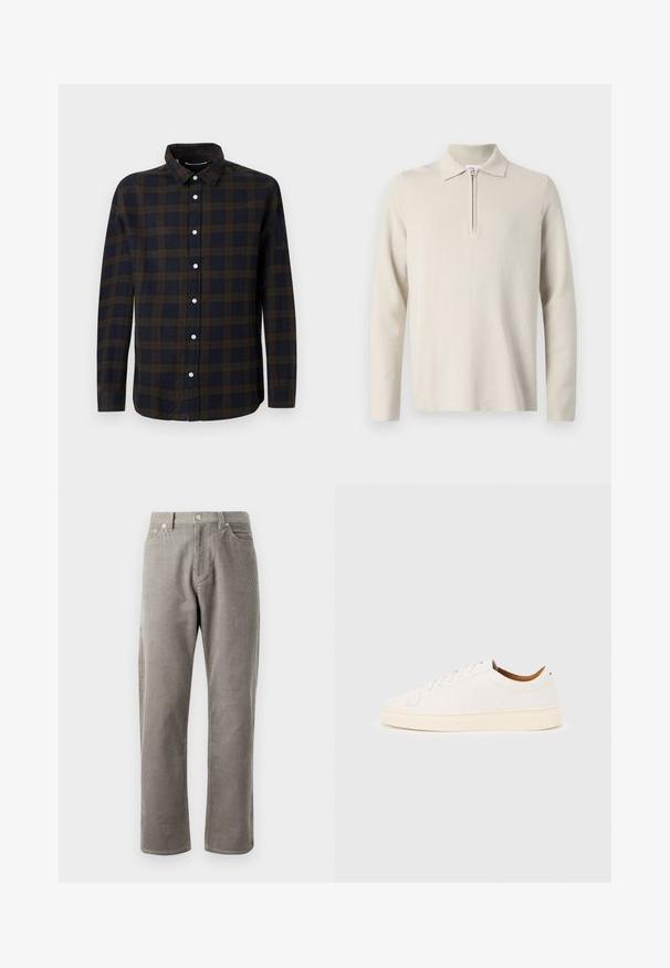 Cremefarvet langærmet polo skjorte med lynlås i kraven, lavet af blødt, struktureret stof, med en klassisk pasform og minimalistisk design.; Langærmet skjorte i mørkeblå med brunt ternet mønster. Lavet af blødt stof, med knaplukning foran og klassisk krave.; Grå kordfløjlsbukser med lige ben, der har en høj talje, forlommer og en subtil lodret ribbet tekstur.; Hvid lavtop-sneakers med snørelukning, minimale syningsdetaljer og en cremefarvet sål på en lysegrå baggrund.