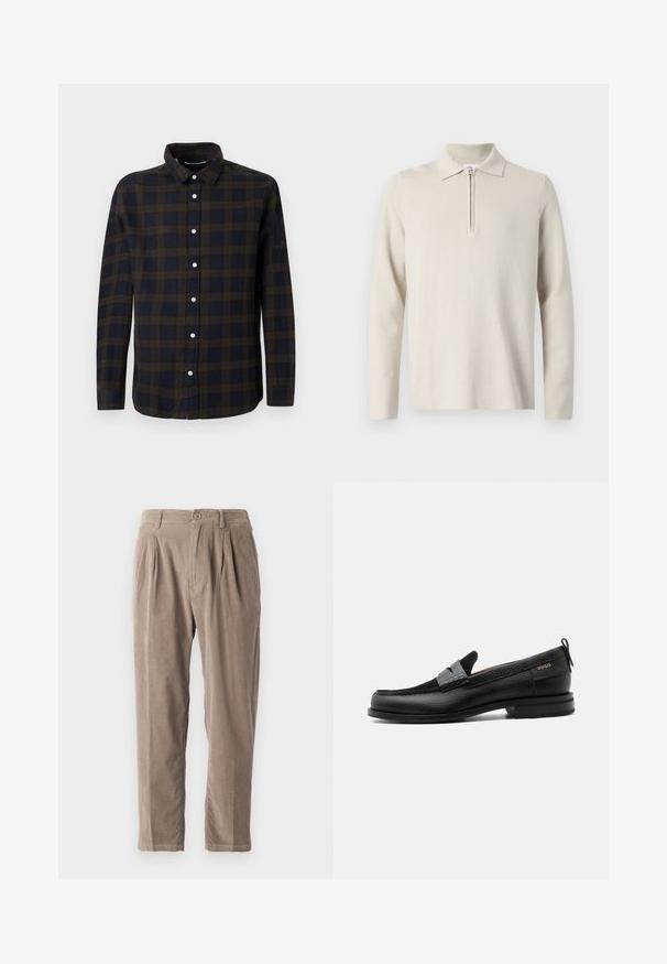Cremefarvet langærmet polo skjorte med lynlås i kraven, lavet af blødt, struktureret stof, med en klassisk pasform og minimalistisk design.; Langærmet skjorte i mørkeblå med brunt ternet mønster. Lavet af blødt stof, med knaplukning foran og klassisk krave.; Beige corduroy bukser med en afslappet pasform, der har plisseringer, knaplukning og sidelommer, tekstureret overflade og tapered bendesign.; Sort læderloafer med grå remdetalje, lav hæl og tekstureret sål, mærket med "HUGO" i guld på siden.