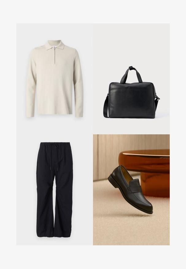 Polo à manches longues de couleur crème avec une fermeture éclair au col, fabriqué en tissu doux et texturé, avec une coupe classique et un design minimaliste.; Pantalons noirs amples en tissu léger, dotés d'une taille élastique avec cordon de serrage et de poignets froncés aux chevilles.; Mocassin en cuir noir à talon bas flottant au-dessus d'un sol moquetté beige près d'une table ronde marron.; Sac de voyage en cuir noir de forme rectangulaire, avec deux poignées, une bandoulière amovible et des ornements minimalistes.