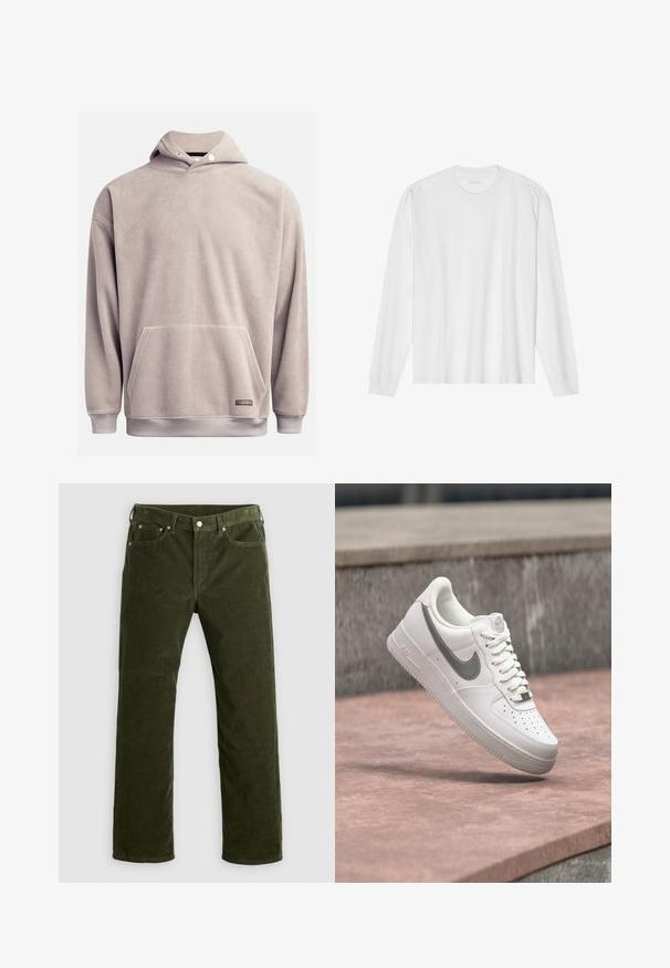 Fleece-Pullover-Hoodie in Hellgrau, mit einer Vorderstasche, geripptem Saum und verstellbarem Kordelzug an der Kapuze. Weicher Stoff mit minimalen Details.; Weißes langärmeliges Baumwoll-T-Shirt mit Rundhalsausschnitt, mit gerippten Bündchen und geradem Saum, glatter Textur und minimalistischem Design.; Olivgrüne Kordhosen mit geradem Schnitt, vorderem Knopf, Reißverschluss, Gürtelschlaufen und fünf Taschen auf einem weißen Hintergrund.; Weißer Nike Air Force 1 Sneaker mit grauem Swoosh-Logo, der über einer Steinoberfläche und einem grauen Steinwandhintergrund schwebt.