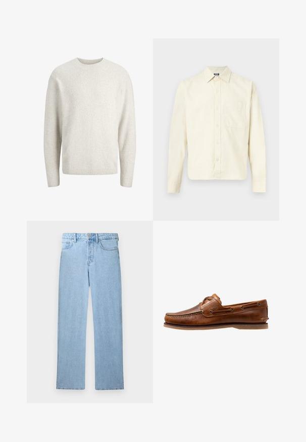 Pull long uni de couleur crème avec un col rond et des poignets et ourlet côtelés.; Chemise crème à manches longues avec col, boutons sur le devant et une seule poche poitrine, présentée sur un fond clair.; Jean denim bleu clair taille haute avec jambe droite, fermeture à bouton et zip à l'avant, et design à cinq poches sur fond blanc.; Chaussures bateau en cuir marron avec des accents cousus, présentant des œillets en métal, une couture surélevée sur le bout et une semelle plate en caoutchouc.