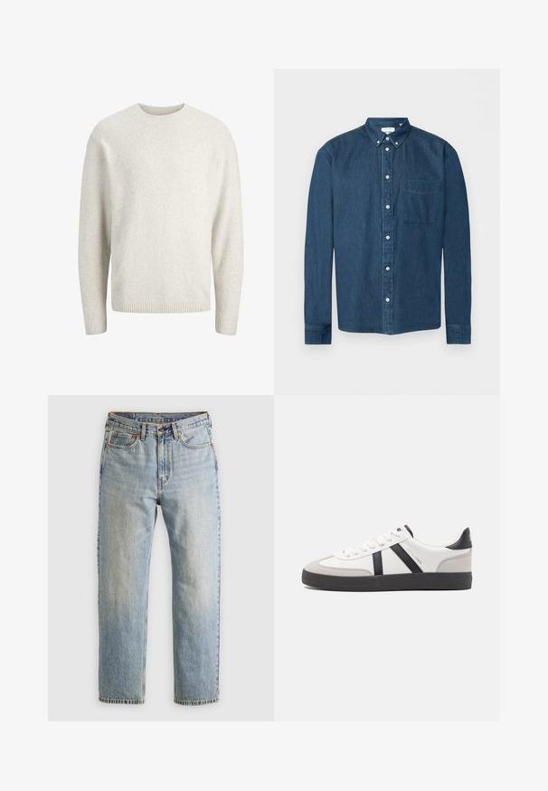 Pull long uni de couleur crème avec un col rond et des poignets et ourlet côtelés.; Chemise en denim bleu foncé boutonnée, manches longues, une poche avant à gauche et un col boutonné, présentée sur fond blanc.; Jean en denim bleu clair à taille haute, avec bouton avant, fermeture éclair et design à cinq poches, posé à plat sur un fond neutre.; Baskets blanches avec des accents noirs et gris, présentant un embout texturé gris, une semelle en caoutchouc noir et des lacets plats blancs. Design épuré, style minimaliste.