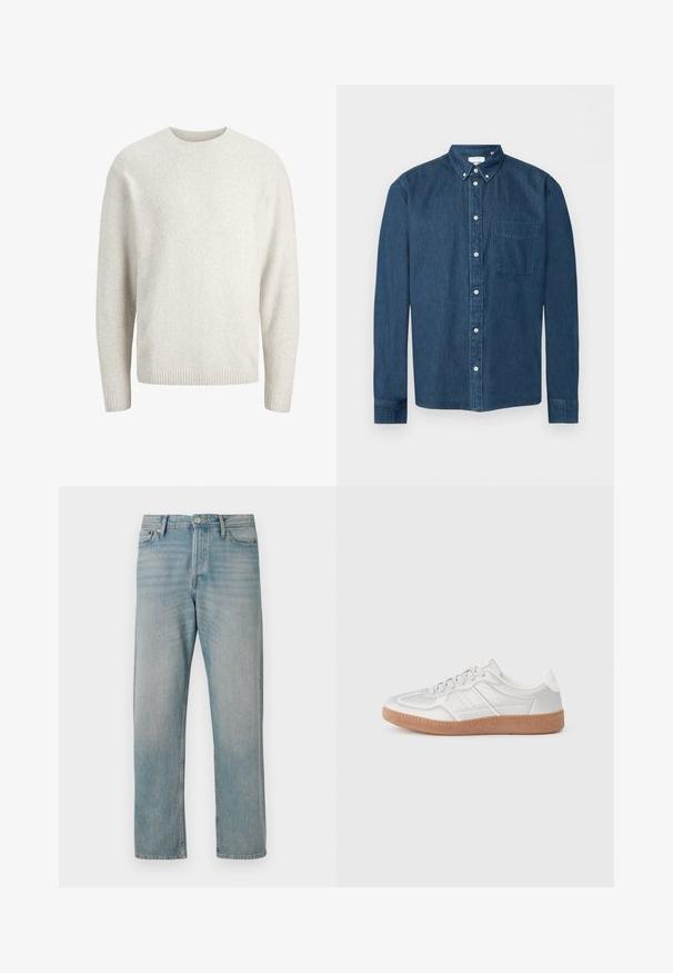 Effen crèmekleurige trui met lange mouwen, een ronde hals en geribbelde manchetten en zoom.; Donkerblauw denim overhemd met knopen, lange mouwen, een voorzak aan de linkerkant en een button-down kraag, weergegeven op een witte achtergrond.; Lichtblauwe denim jeans met een rechte pijpdesign, voorzien van klassieke vijf zakken, knoopsluiting en subtiele vervaging voor textuur.; Zilveren sneakers met een gladde textuur, vetersluiting, geperforeerde accenten en een gestructureerde bruine rubberen zool.