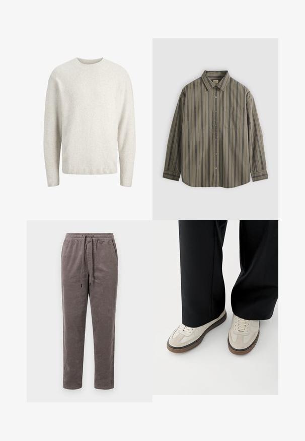 Suéter de manga larga de color crema liso con escote redondo y puños y dobladillo acanalados.; Camisa de manga larga color verde oliva con botones, rayas verticales azul marino y un bolsillo en el pecho, colocada sobre un fondo gris.; Pantalones de pana en un color taupe suave, con una cintura elástica y cordón ajustable, y piernas estrechas con textura de canales verticales.; Pies con zapatillas beige con suelas marrones y pantalones negros de pierna ancha sobre un fondo blanco.