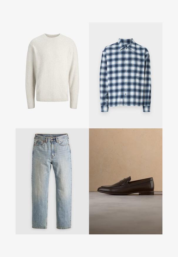 Suéter de manga larga de color crema liso con escote redondo y puños y dobladillo acanalados.; Camisa abotonada de patrón de cuadros en azul y blanco, hecha de tela suave. Presenta un cuello de punta y un cierre de botones en la parte delantera, con mangas largas.; Jeans de mezclilla azul claro de cintura alta, con botón frontal, cremallera y diseño de cinco bolsillos, dispuestos sobre un fondo neutro.; Zapato mocasín de cuero marrón oscuro flotando sobre una alfombra beige con un sofá beige curvo en el fondo.