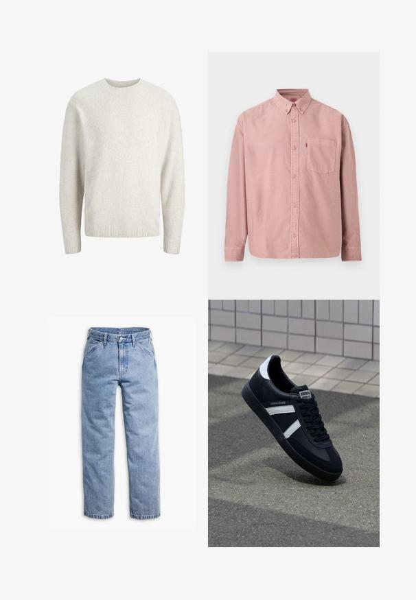 Suéter de manga larga de color crema liso con escote redondo y puños y dobladillo acanalados.; Camisa rosa de manga larga con botones, bolsillo frontal y cuello abotonado, mostrada sobre un fondo liso.; Vaqueros de mezclilla azul claro de pierna recta con cierre frontal de botón y cremallera, trabillas para cinturón y bolsillos delanteros inclinados.; Zapatilla de cuero negra con rayas blancas, suela de goma texturizada y parte frontal con cordones. Cuenta con una etiqueta de marca en la lengüeta.
