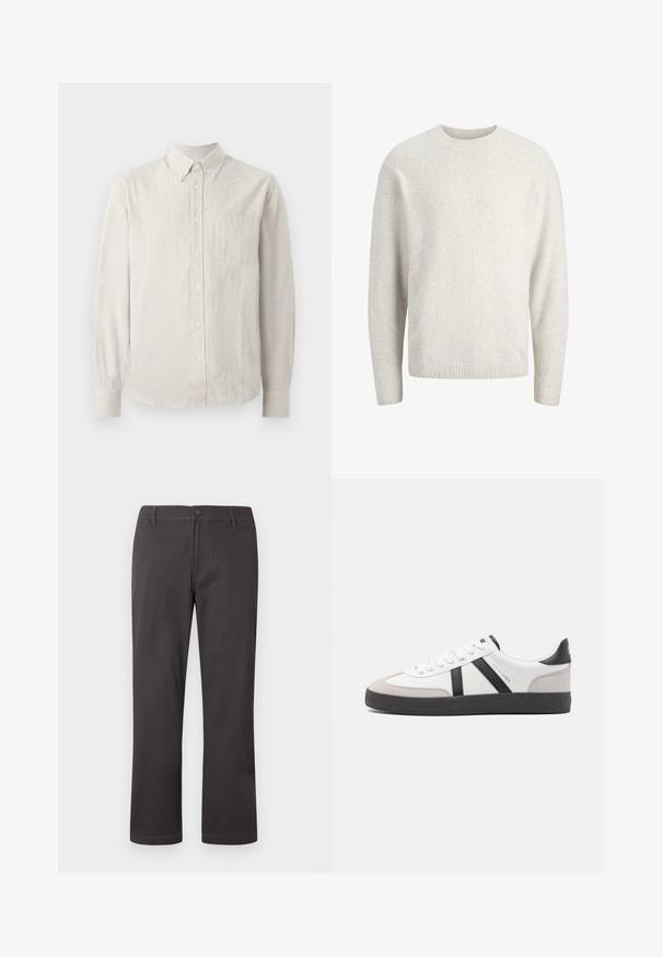 Ensfarvet cremefarvet langærmet sweater med rund halsudskæring og ribstrikkede ærmekanter og kant forneden.; Button-up skjorte i lys beige med tynde lodrette striber, lange ærmer, krave og en enkelt brystlomme. Blødt stof med en glat tekstur.; Mørkegrå bukser med lige ben, knappelukning, bæltestropper og diskret frontsyning på hvid baggrund.; Hvide sneakers med sorte og grå detaljer, med en tekstureret grå tåhætte, sort gummisål og flade hvide snørebånd. Rent design, minimalistisk stil.
