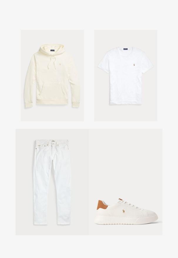 Krémová mikina s kapucňou a dlhým rukávom, predným vakovým vreckom, šnúrkou na kapucni a malým vyšívaným logom Polo Ralph Lauren na hrudi.; Biele tričko s krátkym rukávom a okrúhlym výstrihom, s malým vyšitým logom Polo Ralph Lauren na ľavej strane hrude a modrou značkovou etiketu vo vnútri goliera.; Biele slim fit džínsy s piatimi vreckami, zapínaním na gombíky a opaskovými pútkami, položené na rovnej svetlej jednofarebnej podložke.; Biely nízky teniska s béžovou pätovou záložkou, bielymi šnúrkami a malým vyšívaným logom hráča póla na boku nad tlustou podrážkou.