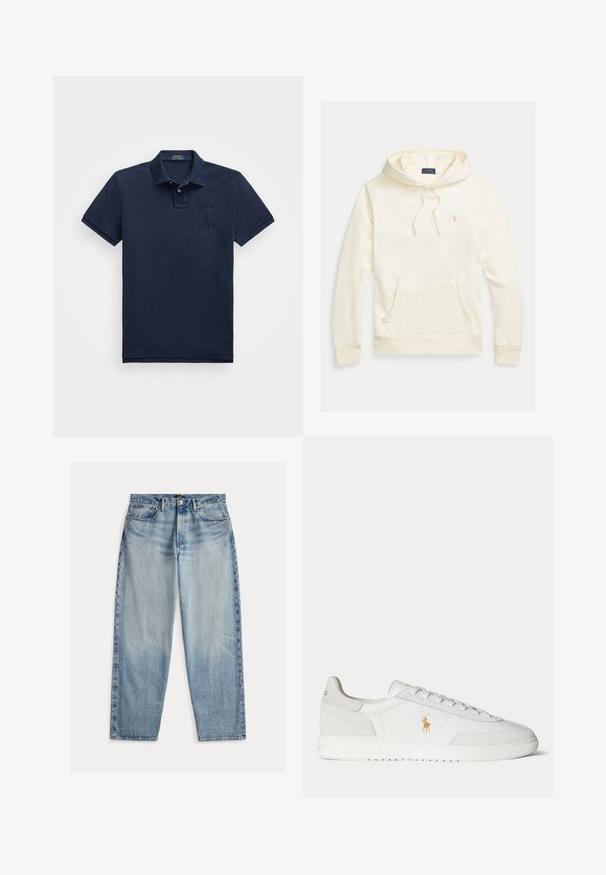 Kreemivärvi pikkade varrukatega kapuutsiga pusa ees tasku, kapuutsi pael ja väike tikkitud Polo Ralph Laureni logo rinnal.; Tumesinine lühikeste varrukate polo särk, mis on valmistatud puuvillast. Särgil on kolme nupuga esipaneel, krae ja vasakul rinnal brodeeritud logo.; Hele sinised teksapüksid lahtise istmega. Omavad kõrget pihta, viit taskut ja nähtavat õmblust. Pinna tekstuur on veidi karedam.; Valge madala säärega tennisking paeltega, kuldse Polo Ralph Laureni logoga küljel ja tekstureeritud tallaga ühevärvsel taustal.