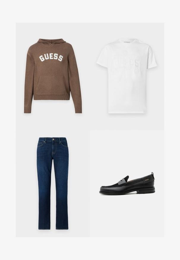 Brun pullover hoodie med løs pasform, der har en frontlomme og ribbet kant. Hvid "GUESS" logo vist over brystet. Blød tekstur.; Hvid bomuld t-shirt med et hævet, skinnende logo design. Klassisk rund hals og korte ærmer, der giver en løs pasform.; Mørkeblå denim jeans med lige ben, foran lukket med knap og lynlås, fem-lommers design og kontrasterende syninger.; Sort læderloafer med grå remdetalje, lav hæl og tekstureret sål, mærket med "HUGO" i guld på siden.
