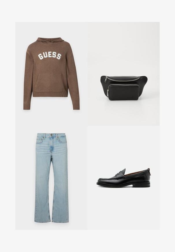 Brun pullover hoodie med løs pasform, der har en frontlomme og ribbet kant. Hvid "GUESS" logo vist over brystet. Blød tekstur.; Lysblå denim flared jeans med en mellemhøj talje, fem lommer og kontrastsyning. Har en lynlåsåbning og metalknaplukning.; Sort læder herre loafer med moc-tå syning, penny strop, struktureret krave og lav stablet hæl på hvid baggrund.; Sort læderhåndtaske med to lynlåslommer, glat tekstur, rund form og logo prægede på fronten. Sølv hardware accenter.