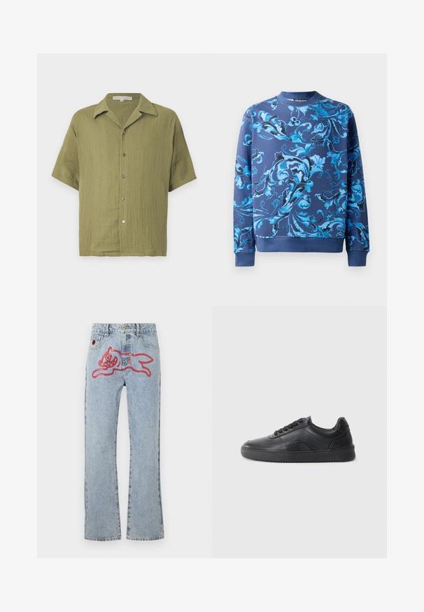 Marineblå sweatshirt med intrikate blå blomster mønstre. Har en rund halsudskæring og ribbede manchetter. Fremstillet af blødt stof med en glat tekstur.; Oliven grøn kortærmet skjorte med tekstureret stof, knaplukning og klipkrave. Har en afslappet pasform og subtilt vævemønster.; Lyseblå denimjeans med lige ben, med et stort rød, tegneserieagtigt kattegrafik på bagsiden og traditionel fem-lomme styling.; Sorte lædersneakers med en glat finish, rund tå, struktureret sidelæder og sorte snørebånd. Har en flad gummisål og et minimalistisk design.