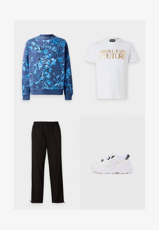 Marineblauwe sweatshirt met ingewikkelde blauwe bloemmotieven. Voorzien van een ronde halslijn en geribde manchetten. Gemaakt van zachte stof met een gladde textuur.; Witte katoenen t-shirt met grote gouden "VERSACE JEANS COUTURE" letters op de voorkant. Ronde hals en korte mouwen.; Zwarte lichtgewicht broeken met een elastische tailleband, treksluiting en met rits afsluitbare zoom voor een aanpasbare pasvorm. Glad, strak textuur.; Witte sportieve sneakers met een dikke zool, bovenwerk van mesh en synthetisch materiaal, zwarte accenten en veters. Gestructureerd ontwerp en logo op de hiel.