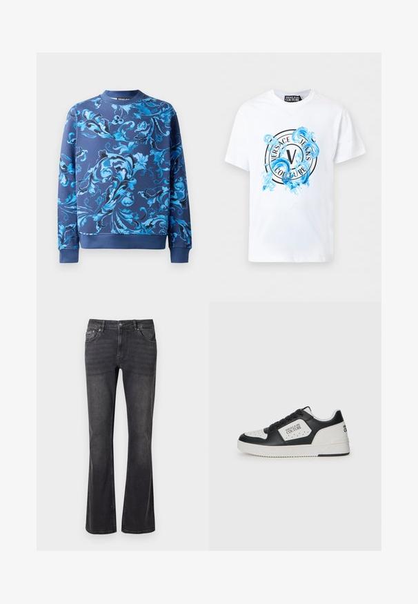 Marineblaues Sweatshirt mit komplexen blauen Blumenmustern. Verfügt über einen Rundhalsausschnitt und gerippte Bündchen. Hergestellt aus weichem Stoff mit glatter Textur.; Weißes Versace Jeans Couture T-Shirt mit kurzen Ärmeln, einem kreisförmigen Logo und einem blauen dekorativen Wasserspritz-Design auf der Vorderseite.; Schwarze Jeans aus Denim mit ausgestelltem Design, fünf Taschen und einem Metallknopfverschluss. Der Stoff hat eine glatte Textur mit dezentem Verblassen.; Schwarzer und weißer Sneaker mit einem glatten Lederobermaterial, durchlöcherter Zehenbox, kontrastierendem weißen Element und Logodetails an der Seite und Ferse.