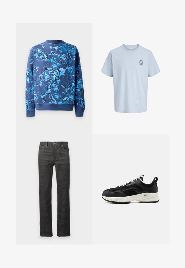 Sweatshirt marine avec des motifs floraux bleus complexes. Il a un col rond et des poignets côtelés. Fabriqué en tissu doux avec une texture lisse.; T-shirt bleu clair à manches courtes et col rond avec un petit logo circulaire sur le côté gauche de la poitrine indiquant "Jack & Jones Depuis 1990."; Jean droit en velours côtelé noir avec poches avant et arrière, passants de ceinture et fermeture à bouton sur fond blanc.; Baskets noir et blanc Armani Exchange avec panneaux en mesh, lacets blancs et semelle épaisse avec le logo A|X au talon.