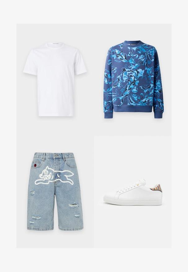 Marineblå sweatshirt med intrikate blå blomster mønstre. Har en rund halsudskæring og ribbede manchetter. Fremstillet af blødt stof med en glat tekstur.; Hvid bomulds t-shirt med rund halsudskæring og korte ærmer. Glat tekstur, lige snit og minimalistisk design uden mønstre eller accenter.; Icecream RUNNING DOG - Denimshorts - heavy wash blue; Hvide lædersneakers med en glat overflade, prydet med en farverig stribet detalje på hælen, guldøje og flad hvid sål.