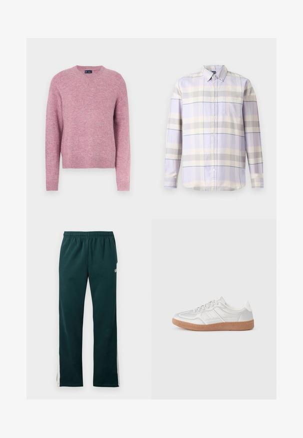 Pink strikket sweater med rund halsudskæring, lange ærmer og ribbestrikkede ærmekanter. Blød tekstur og afslappet pasform, velegnet til afslappet brug.; Langærmet skjorte med knapper i lyse lilla, grå og creme ternet mønster og en brystlomme på hvid baggrund.; Mørkegrønne sweatpants med elastisk hænger og hvide striber, der løber ned ad ydersiden af benene.; Sølv sneakers med en glat overflade, snørebånd, perforerede detaljer og en struktureret brun gummi sål.