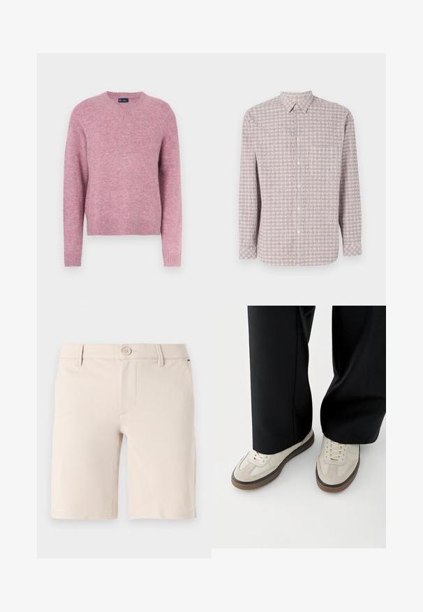 Pull en tricot rose avec un col rond, des manches longues et des poignets côtelés. Texture douce et coupe décontractée, adapté pour une tenue casual.; Chemise à manches longues, boutonnée, en rose clair avec un motif carré texturé. Tissu en coton, col classique et fermeture à boutons.; Shorts beige en tissu lisse ; dotés d'une fermeture à bouton, de passants de ceinture et d'un design avant épuré avec des ouvertures de jambes droites.; Pieds portant des baskets beige avec des semelles marron et un pantalon noir à jambes larges sur fond blanc.