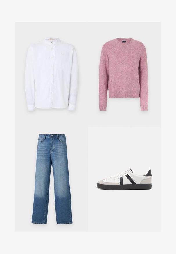 Pull en tricot rose avec un col rond, des manches longues et des poignets côtelés. Texture douce et coupe décontractée, adapté pour une tenue casual.; Chemise blanche à manches longues avec col mandarin, boutons visibles et une poche poitrine discrète sur fond uni.; Jean droit taille haute bleu avec des dégradés au niveau des cuisses et une teinte plus foncée près des ourlets, avec un bouton avant et des poches visibles.; Baskets blanches avec des accents noirs et gris, présentant un embout texturé gris, une semelle en caoutchouc noir et des lacets plats blancs. Design épuré, style minimaliste.