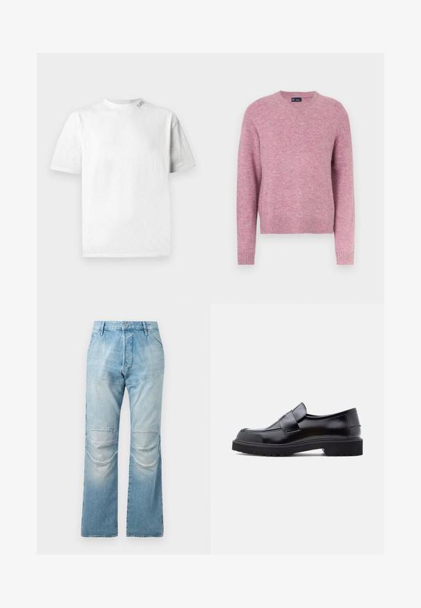 Roze gebreide trui met een ronde hals, lange mouwen en geribbelde boorden. Zachte textuur en een ontspannen pasvorm, geschikt voor casual dragen.; Witte T-shirt met korte mouwen en ronde hals, met een subtiele textuur en een klein logodetaillering op de linkerschouder.; Lichtblauwe, hooggewaisted jeans met een rechte snit, voorzien van kniestukken en een vervaagde textuur. Metalen knoopsluiting bij de taille.; Zwarte leren instapschoen met een strak ontwerp, ronde neus en een dikke, gestructureerde rubberen zool. Heeft een decoratieve band over de voorkant.