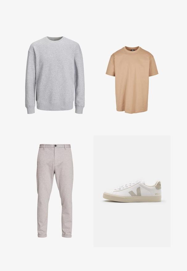 Grauer Pullover mit Rundhalsausschnitt, langen Ärmeln und gerippten Bündchen sowie Saum. Hergestellt aus weichem Stoff, bietet einen lässigen Schnitt ohne Muster oder Akzente.; Beige Baumwoll-T-Shirt mit Rundhalsausschnitt, kurzen Ärmeln und lockerer Passform; zeichnet sich durch eine glatte Textur und ein minimales Design aus.; Hellgraue Jogginghose aus weichem Stoff, mit Knopfverschluss, flachem Frontdesign und hochgekrempelten Bündchen für einen eleganten Look.; Weiße Ledersneaker mit beigen Akzenten, flacher Gummisohle, runder Zehenpartie und kontrastierendem Logo an der Seite und Rückseite. Mit Schnürdesign.