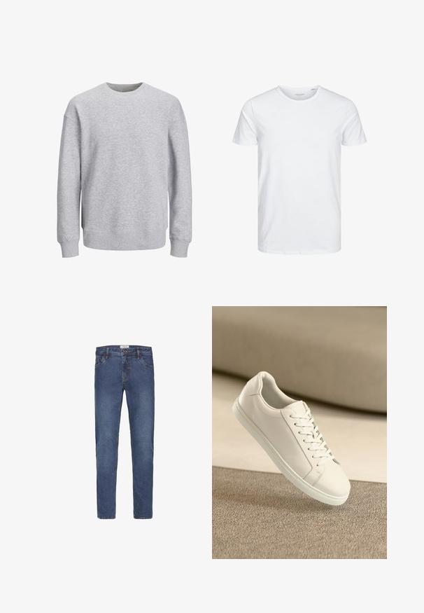 Sweatshirt gris avec un col rond, des manches longues et des poignets et un ourlet côtelés. Fabriqué dans un tissu doux, il présente une coupe décontractée sans motifs ni accents.; T-shirt à col rond à manches courtes de couleur blanche unie, fabriqué en coton doux, avec un design simple sans motifs ni accents visibles.; Jean en denim de couleur bleu foncé avec une coupe droite, un design à cinq poches et des coutures contrastées. Fermeture par bouton et fermeture éclair.; Baskets en cuir blanc avec des lacets blancs, exposées sur une surface beige texturée et avec un arrière-plan flou doux.