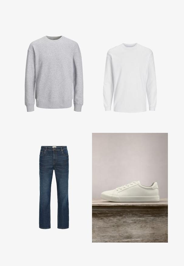 Grijze sweat sweatshirt met een ronde hals, lange mouwen en geribde boorden en onderrand. Gemaakt van zachte stof, heeft een relaxte pasvorm zonder patronen of accenten.; Wit T-shirt met lange mouwen gemaakt van katoen. Voorzien van een ronde hals en een eenvoudig ontwerp zonder patronen of accenten. Zachte, gladde textuur.; Donkerblauwe spijkerbroek met een rechte snit, vijf zakken, contrasterende stiksels en een tailleband met een metalen knoop en riemlussen.; Witte vetersneaker die boven een houten bank zweeft met groene bladeren op de achtergrond, waarbij het ontwerp en de textuur van de schoen worden getoond.