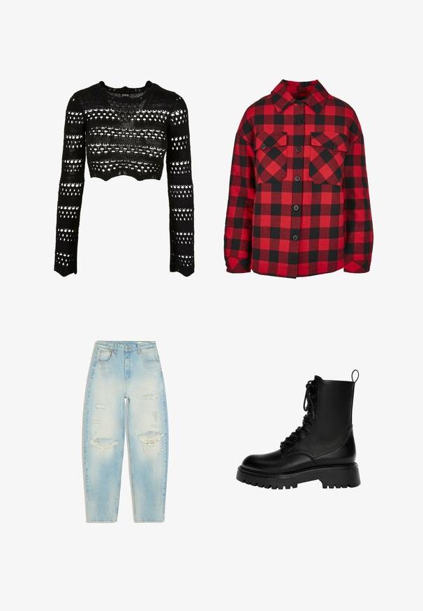 Sort cropped sweater lavet af struktureret strikstof, med lange ærmer, åbne mesh-mønstre og en rund halsudskæring.; Rød og sort ternet flannel skjorte, knap-op stil, med to brystlommer og fold-down krave. Bomuldsstof, afslappet pasform.; Lyseblå jeans med høj talje med slidte revner på lårene og knæene, forlommer og lukning med knap.; Sorte snørebånd ankelstøvler lavet af syntetisk læder, med en kraftig sål, trækstrop og fremtrædende syninger.