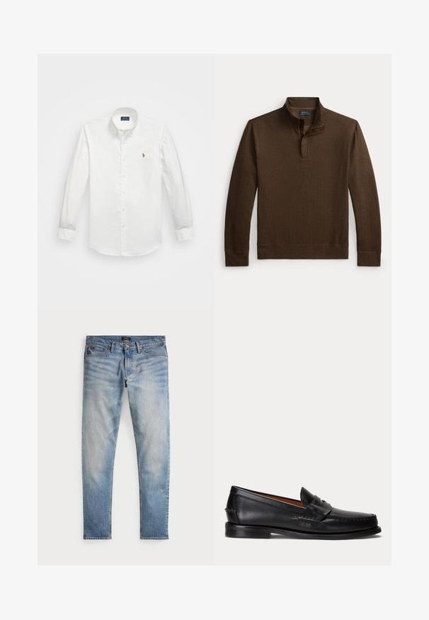 Ruskea kalanruotokuvioinen pitkähiha-pullover neljänneksen vetoketjulla ja pystykauluksella, Polo Ralph Lauren -merkki kauluksessa sisäpuolella.; Valkoinen pitkähihaisella nappiverkkosella miesten paita, joka on valmistettu puuvillasta. Paidassa on pieni, brodeerattu logo rinnassa ja klassinen kaulustyyli.; Vaaleansiniset farkut, joissa on haalistunut pinta, viisi taskua ja kontrastiväriset ompeleet. Varustettu vetoketjullisella suljennalla ja vyölenkeillä. Suora leikkaus.; Musta nahkainen loafer-malli, jossa matala korko ja penny-yksityiskohta, kuvattuna sivulta vaaleanharmaalla taustalla.