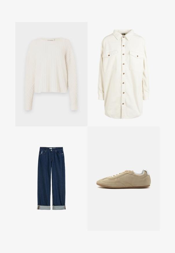 CLOSED CREW NECK - Strickpullover - ecru; Cremefarbendes Cord-Hemd mit langen Ärmeln und Kragen, braunen Knöpfen in der Front und zwei knöpfigen Brusttaschen.; Dunkelblaue Jeans aus Denim mit geradem Bein, umgeschlagenen Säumen, sichtbarem Stich und klassischem Fünf-Taschen-Stil.; Beiger Wildleder-Casual-Sneaker mit weißen Schnürsenkeln, weiß gepolstertem Fersenkragen und hellbrauner Gummisohle, seitlich dargestellt.