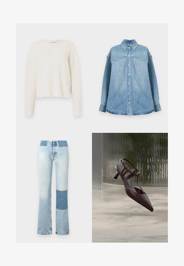 CLOSED CREW NECK - Neule - ecru; Vaaleansininen farkkupaita, jossa pitkät hihat, helmiä koristeltu kaulus ja olkasauma, nappikiinnitys edessä ja suora helma valkoisella taustalla.; Vaaleansiniset farkut, joissa on leveät lahkeet ja tummansininen kontrastipatch jokaisessa lahkeessa. Korotettu vyötärö ja ommellut yksityiskohdat saumoissa.; Tummanruskeat nahkaiset kärjestä terävät slingback-korkokengät, joissa ohuet hihnat ja pieni kaareva matala kanta, esitetty abstraktia taustaa vasten.