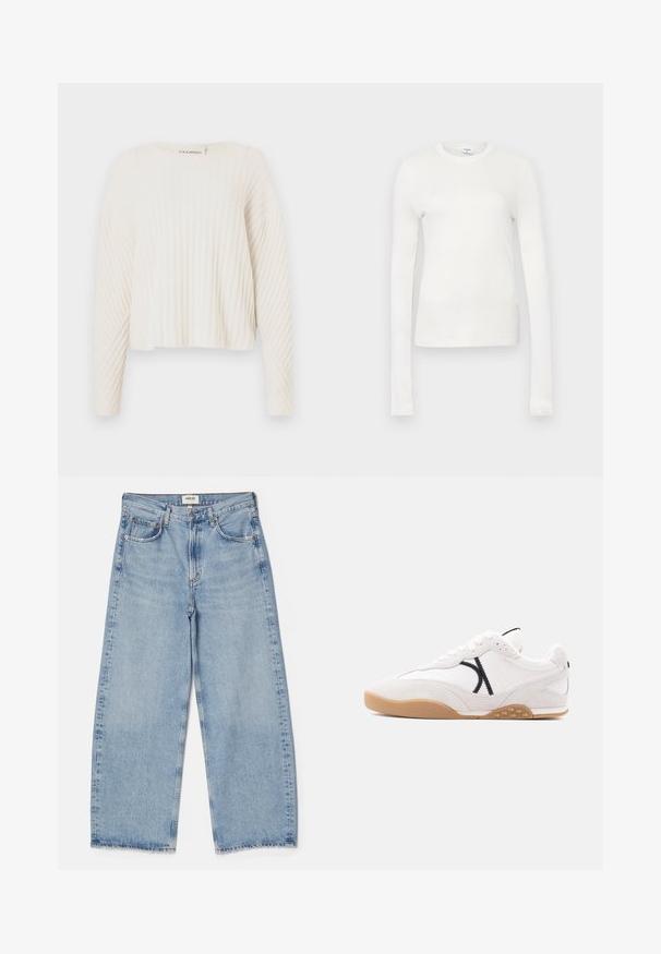 CLOSED CREW NECK - Trui - ecru; Witte langemouwen t-shirt gemaakt van zachte katoen. Heeft een ronde hals, aansluitende pasvorm en een gladde textuur. Geen patronen of accenten.; Agolde Baggy jeans - light-blue denim; Witte sneaker met gumzool, zwart gestikt ontwerp aan de zijkant, vetersluiting en suède details op de neus en hiel.