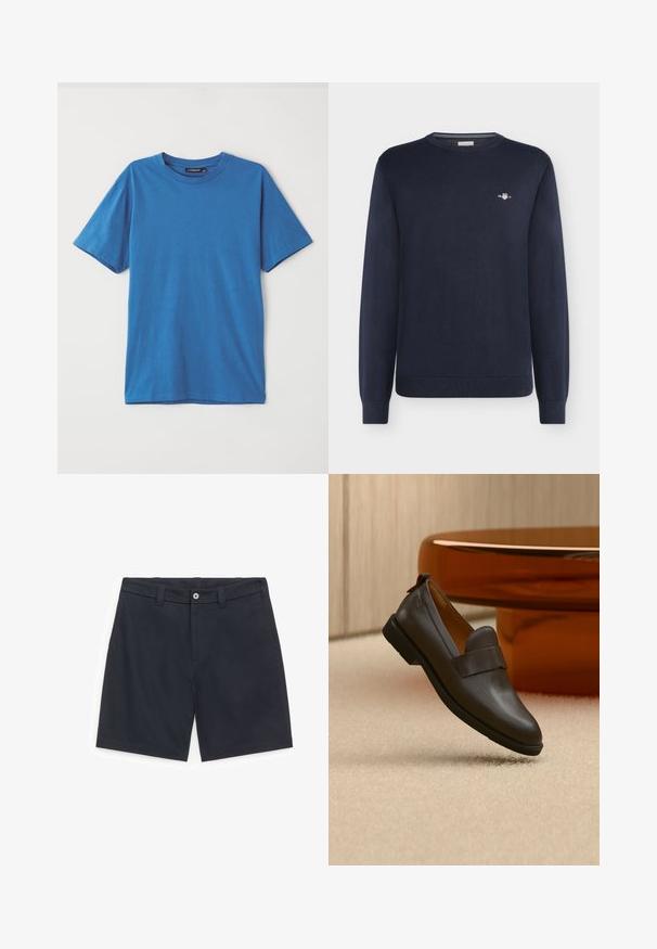 Marineblauwe trui met lange mouwen en ronde hals, met een klein wit en rood logo op de linkerborst en geribde boorden en zoom.; Blauwe katoenen t-shirt met korte mouwen, ronde hals en een zachte textuur. Geen patronen of accenten. Eenvoudig, klassiek ontwerp.; Zwarte op maat gemaakte korte broek met riemlussen, knoopsluiting aan de voorkant en zijzakken, plat neergelegd op een witte achtergrond.; Donkerbruine leren loafer met een lage hak zwevend boven een beige tapijt, naast een glanzende, afgeronde, amberkleurige tafel.