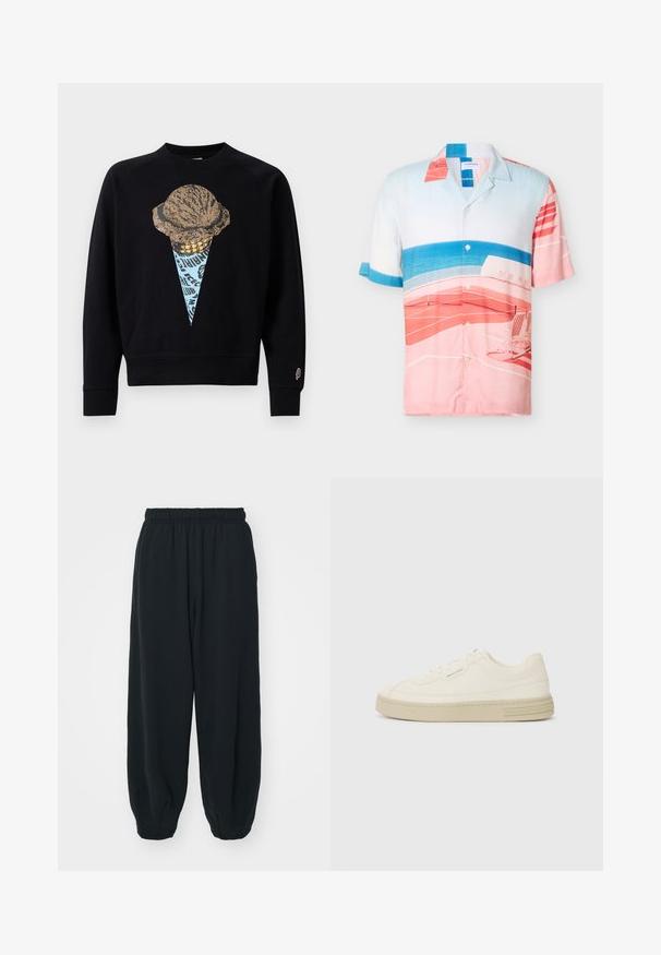 Sort sweatshirt med en grafisk print af en isvaffel med en tekstureret kugle, akkompagneret af blå og guld detaljer.; Kortærmet skjorte med knapper og et farverigt design ved poolkanten med blåt vand, pink dæk og to liggestole.; Sorte svedbukser med elastisk talje, løs pasform, afsluttede ankler, glat tekstur og uden synlige mønstre eller hardware-detaljer.; Hvide kanvas sneakers med en tekstureret gummisål, der har en syet tåhætte og logoaccent på hælen. Simpel snørebåndsdesign.