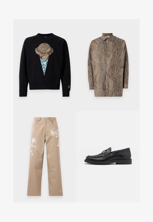 Sort sweatshirt med en grafisk print af en isvaffel med en tekstureret kugle, akkompagneret af blå og guld detaljer.; Knapp-up skjorte i et pelsmønster med brune og grå nuancer, med krave, lange ærmer og en brystlomme.; Beige bomuldsbukser med lige ben, der har hvid blomsterbroderi foran og almindelige lommer.; Sorte læder loafers med en rund tå, der har guld hardware accent og syningsdetaljer, placeret på en lav, tekstureret gummisål.