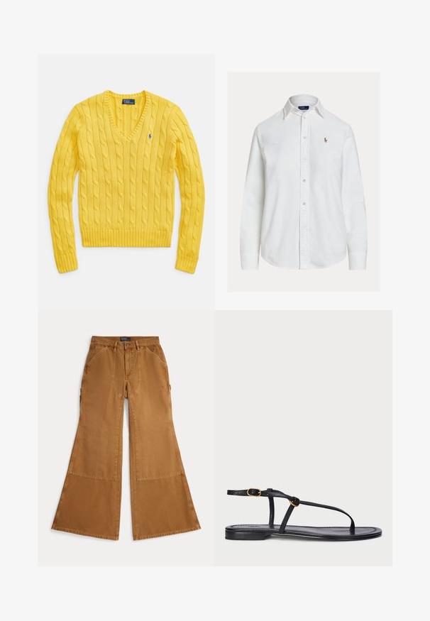 Suéter amarillo de punto con escote en V, con un diseño de trenzas. Puños y dobladillo acanalados. Pequeño emblema de logo en el pecho izquierdo.; Camisa blanca de manga larga con botones, cuello y pequeño logo bordado en el pecho izquierdo, mostrada sobre un fondo liso.; Pantalones marrones de pierna ancha hechos de algodón con detalles de parches, cierre con botón y bolsillos angulados en la parte delantera. Textura suave, diseño casual.; Sandalia plana negra con un diseño minimalista. Presenta tiras delgadas, un separador de dedos, acentos de hardware dorado y una suela suave y texturizada.
