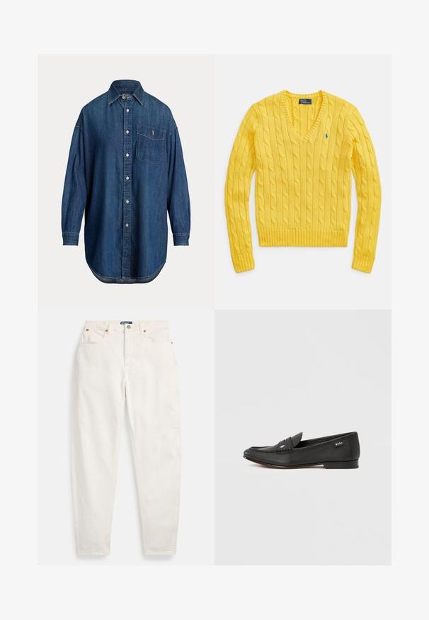 Gul strikket sweater med V-hals, med et kabelstrikket mønster. Ribstrikkede ærmekanter og kant forneden. Lille logoemblem på venstre bryst.; Langærmet blå denim knap-op skjorte med brystlomme med lille broderet logo og klassisk krave.; Hvide høj-taljede jeans med lige ben, foran knap og lynlås, fem-lommer design og Polo mærkeetiket på linningen.; Sort læderloafer med tekstureret finish, penny keeper-detalje, slank profil, diskret branding på siden og lav, flad hæl.