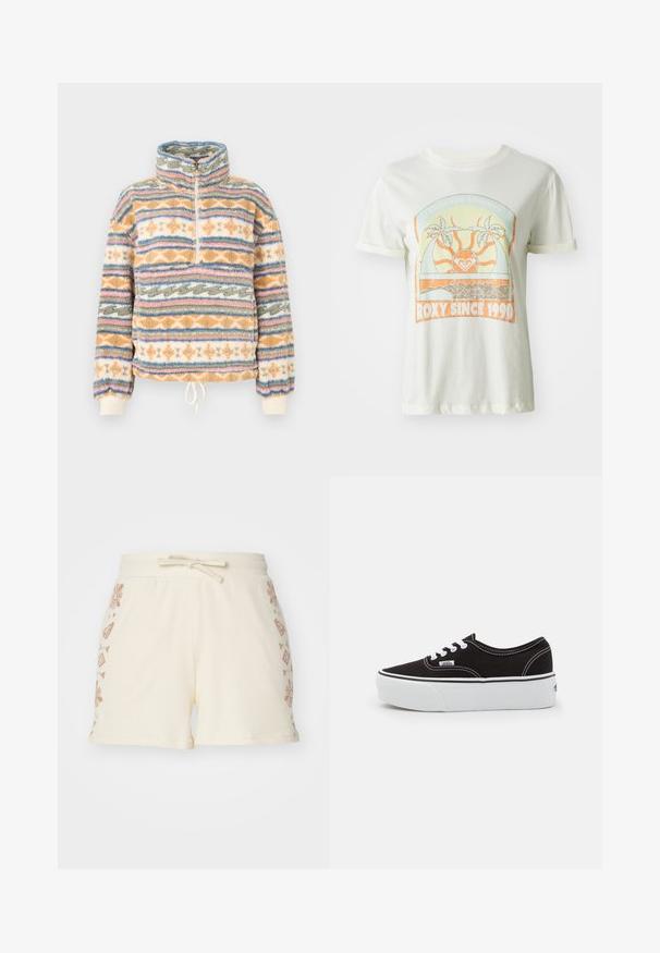Fleecepullover med høj krave og halv lynlås. Har flerfarvede lodrette striber i orange, blå og creme. Blød tekstur.; Cremefarvet bomulds t-shirt med et retro grafisk design med palmer, sol og "ROXY SINCE 1990" i orange og teal accenter. Korte ærmer.; Cremefarvede ribbede shorts med snørelukning i taljen, der har dekorative brune blomster- og geometriske mønstre på siderne.; Sort lærred sneakers med en hvid gummi platform sål, der har hvide snørebånd og syninger, ikonisk branding på siden, lav-top design.