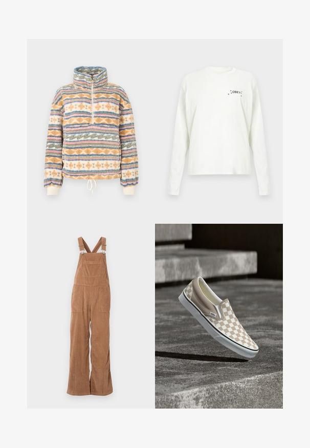 Fleecepullover med høj krave og halv lynlås. Har flerfarvede lodrette striber i orange, blå og creme. Blød tekstur.; Langærmet, hvid bomulds t-shirt med grafisk tekst "OBEY" og små stjerneaccents på venstre forreste brystområde.; Brune kordfløjs overalls med brede ben, justerbare stropper og forlomme. Blød tekstur med lodret ribbet mønster.; Beige og hvide ternede slip-on Vans-sko svævende over teksturerede betontrapper udendørs.