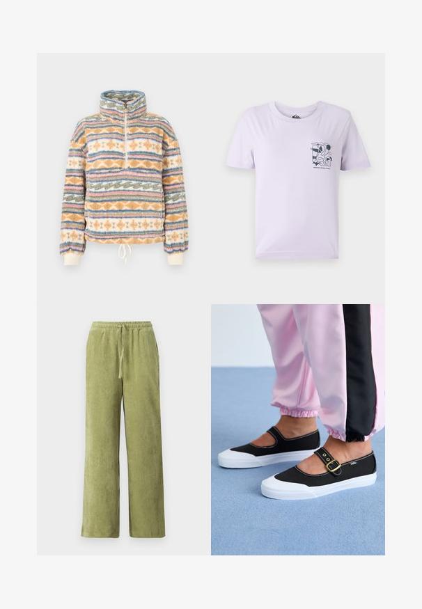 Fleecepullover med høj krave og halv lynlås. Har flerfarvede lodrette striber i orange, blå og creme. Blød tekstur.; Lyse lilla kortærmet t-shirt lavet af bomuld, med et sort abstrakt design og tekst på venstre brystområde.; Grønne fløjl bukser med vidde, elastisk talje og snøre detaljer. Lodrette ribber i stoffet skaber tekstur.; Sorte lærredssko med en hvid sål, der har et udskæringsdesign og et guldspænde. Bæret med lyserøde træningsbukser.