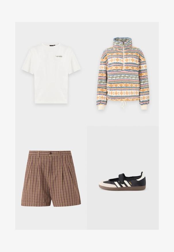 Pull polaire avec col montant et demi-fermeture éclair. Présente des rayures verticales multicolores en orange, bleu et crème. Texture douce.; T-shirt blanc à manches courtes avec petit logo "Napapijri" sur la poitrine gauche et col rond.; Shorts marron à carreaux pour hommes avec bouton à l'avant et passants pour ceinture, présentant un motif à carreaux classique.; Baskets noires et beiges avec une bride en velcro, trois bandes blanches sur le côté, et une semelle en caoutchouc marron texturée. Logo de la marque visible.