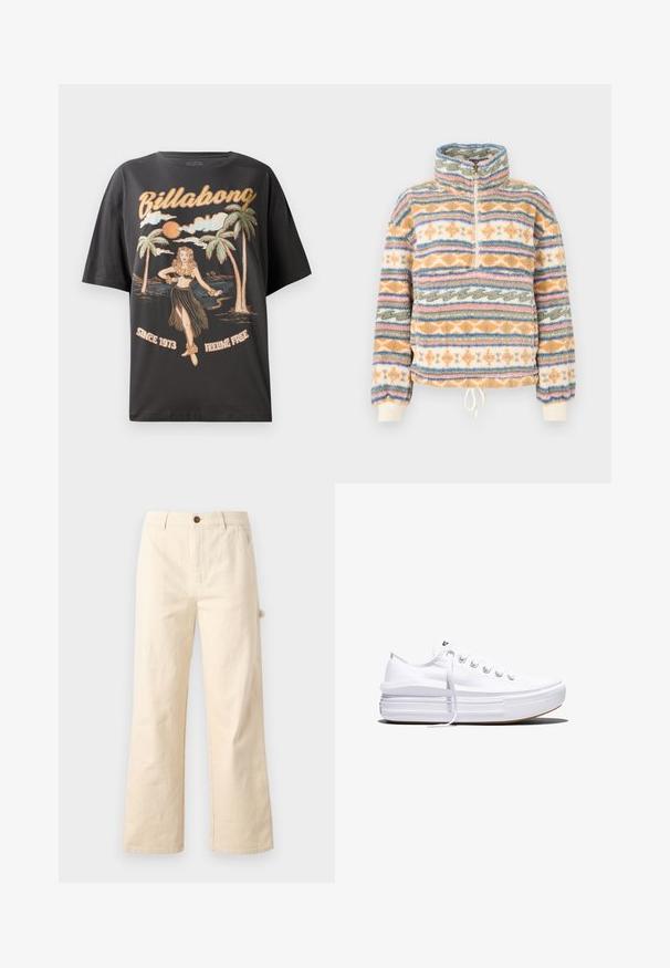 Fleecepullover med høj krave og halv lynlås. Har flerfarvede lodrette striber i orange, blå og creme. Blød tekstur.; Sort bomulds t-shirt med et farverigt grafik af en hula danser, palmetræer og teksten "Billabong" i fed skrift.; Bredde-beige bukser lavet af bomuld med knaplukning, udstyret med sidelommer og et rent, minimalistisk design.; Hvid lavt snørestøvle med tyk plateau-sål, snørelukning foran og gummiforstærket tåkap, set i sideprofil.