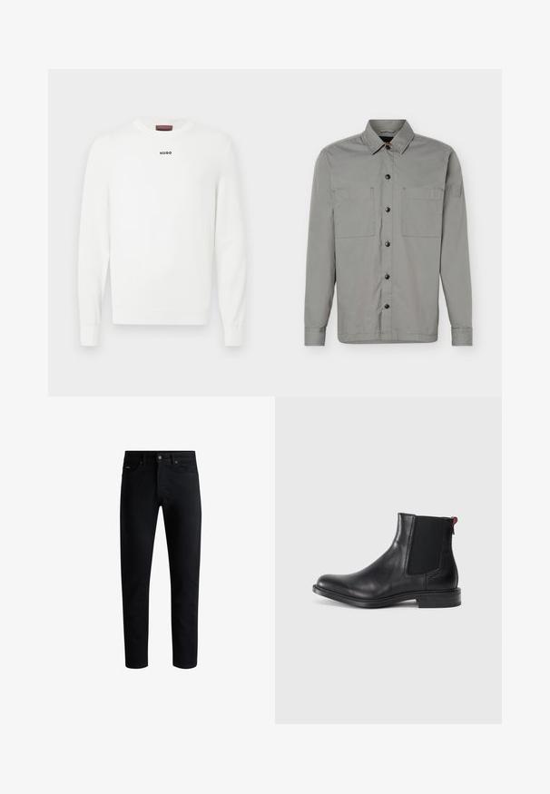 Hvid strikket sweater med rund hals og lange ærmer. Lille sort "HUGO" logo placeret på brystet. Blød tekstur med ribstrikkede manchetter.; Grå langærmet skjorte med knapper, to brystlommer, spids krave og logoemblem på venstre overærme.; Sorte slim-fit jeans med fem lommer, knaplukning og bæltestropper, præsenteret mod en hvid baggrund.; Sort læder Chelsea-støvle med elastiske sidepaneler, afrundet tå og lav, stablet hæl. Har en rød løftestrop og subtil branding på siden.